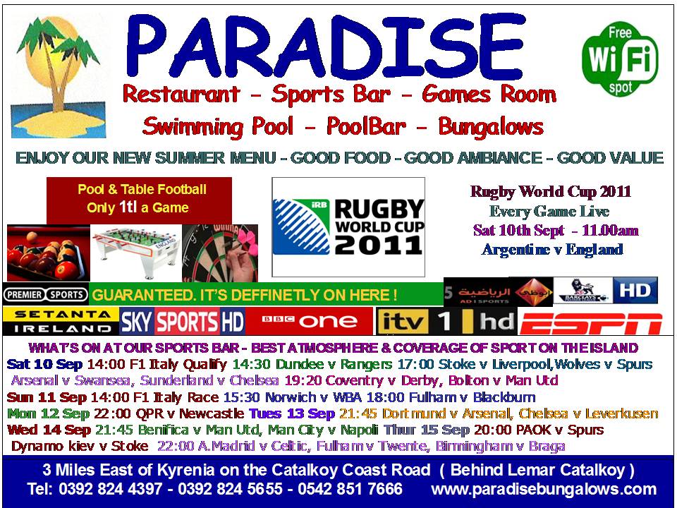 Saturdays Sport @ No.1 Sports Bar at Paradise - Catalkoy Coast Road